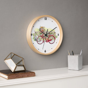 Horloge Vélo rouge avec Fleurs Aquarelle