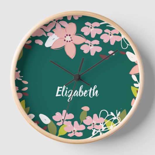 Horloge Vert avec fleurs roses Personnalisé (Recto)