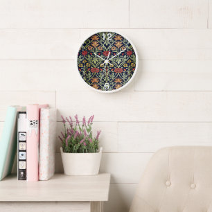 Horloge William Morris Fleurs Feuillage Vert Jaune Rouge R