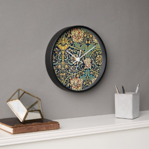 Horloge William Morris Motif Floral Or Turquoise Rouge