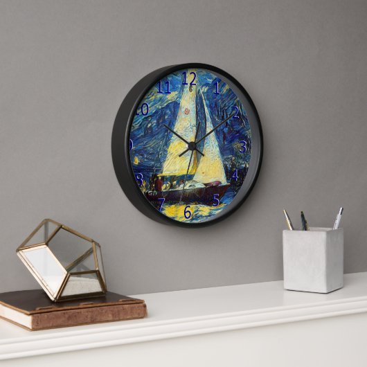 Horloge Yacht Van Gogh Style Blue, Or, Voile (Bureau)
