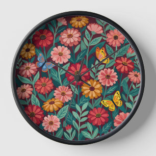 Horloges Art Abstrait Zinnias Papillons