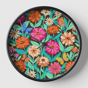 Horloges Artistiques Abstraites Zinnias Papillons