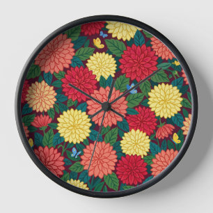 Horloges Artistiques Papillons Dahlias Colorés Abs