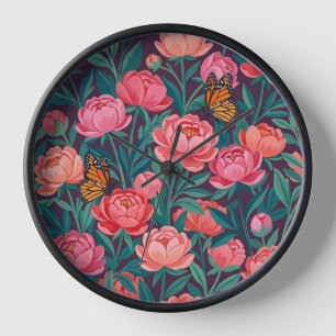 Horloges Artistiques Pivoines Papillons Colorés Ab