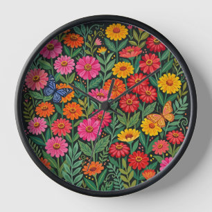 Horloges Artistiques Zinnias Papillons