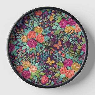 Horloges d'art botanique abstrait Roses Papillons