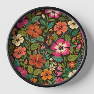 Horloges d'art papillon hibiscus coloré abstrait