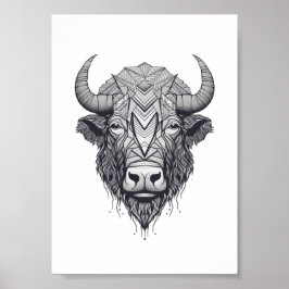 Horned Bison Buffalo Black en White Portret Poster