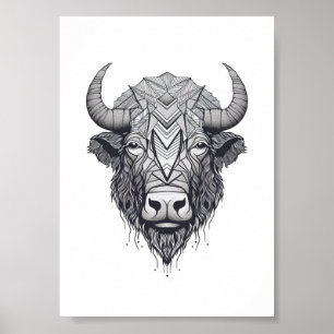 Horned Bison Buffalo Black en White Portret Poster