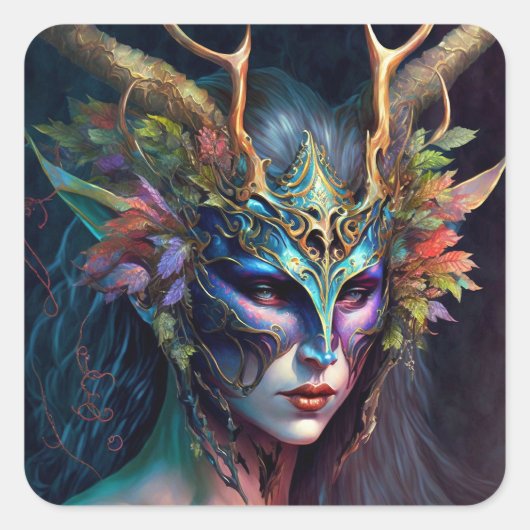 Horned Elf Woman Fantasy Art Square Sticker (Voorkant)