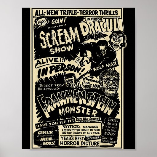 Horror Movie Monster Mummy Dracula Werewolf Franke Poster (Voorkant)