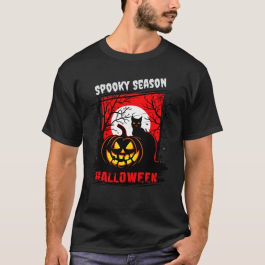  Horror: Spooky Pumpkin & Cat Halloween T-shirt (Voorkant)