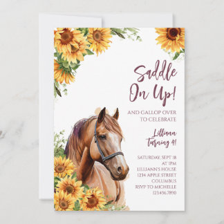 Horse Anniversaire Fête Invitation Tournesols