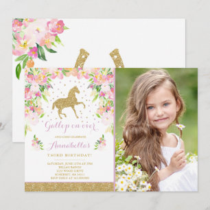 Horse Birthday Invitation Floral Pink Gold Horse Kaart