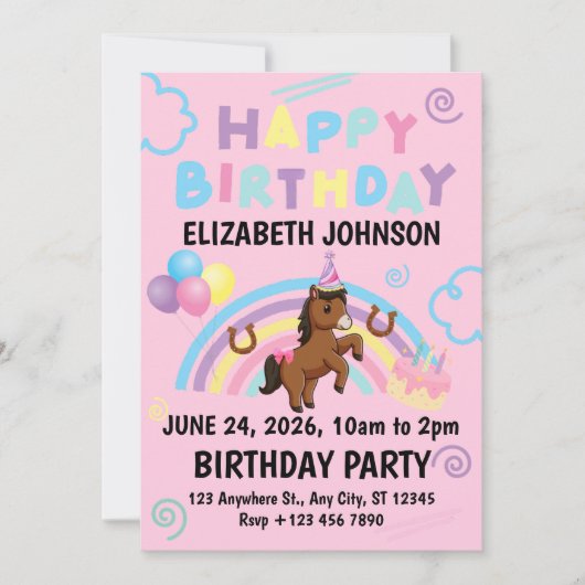 Horse Birthday Invitation in Pink (Devant)