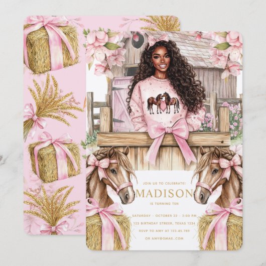 Horse Birthday Invitation with Black Girl Kaart (Voorkant / Achterkant)