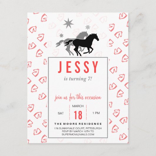 Horse Birthday Invitations Coral Red (Devant)