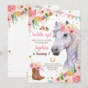 Horse Birthday Invite Girl Cowgirl Pink Floral Kaart