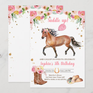 Horse Birthday Invite Girl Cowgirl Pink Floral Kaart