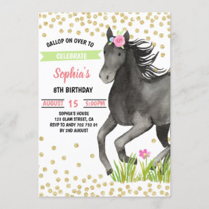 Horse Birthday Party Gold Glitter Pink Floral Kaart