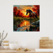 Horse by Sunset Stream in een herfstbos Poster (Keuken)
