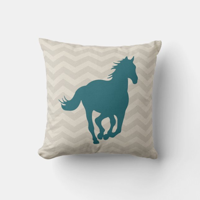 Horse Chevron Pattern Blauwgroen Groene Grijze Cre Kussen (Voorkant)
