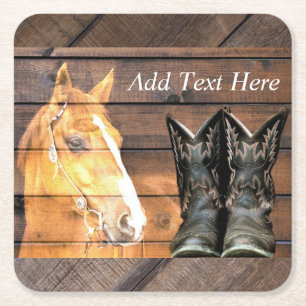 Horse Cowboy Boots Rustic Barn Board Vierkante Kartonnen Onderzetter