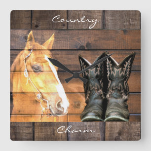 Horse Cowboy Boots Rustic Barn Board Vierkante Klok