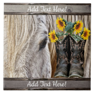Horse Cowboy Boots Sunflower Barn Board Tegeltje