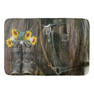 Horse Cowboy Boots Sunflower Rustic Barn Board Badmat