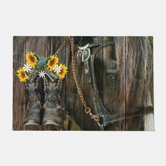 Horse Cowboy Boots Sunflower Rustic Barn Board Deurmat (Voorkant)