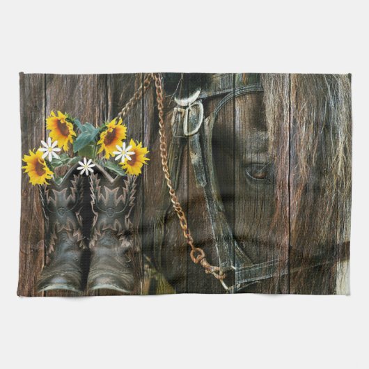 Horse Cowboy Boots Sunflower Rustic Barn Board Theedoek (Horizontaal)