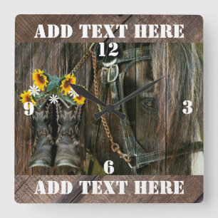 Horse Cowboy Boots Sunflower Rustic Barn Board Vierkante Klok