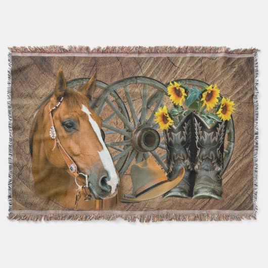 Horse Cowboy Boots Wagon Wheel Sunflower Western Deken (Voorkant)