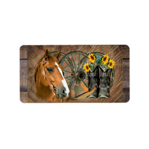 Horse Cowboy Boots Wagon Wheel Sunflower Western Etiket