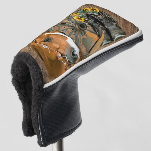 Horse Cowboy Boots Wagon Wheel Sunflower Western Golfheadcover (3/4 voorkant)