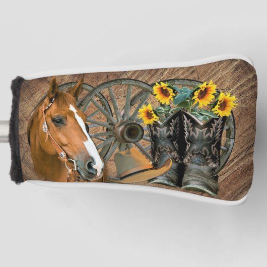 Horse Cowboy Boots Wagon Wheel Sunflower Western Golfheadcover (Voorkant)