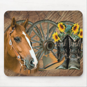 Horse Cowboy Boots Wagon Wheel Sunflower Western Muismat