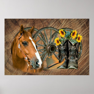 Horse Cowboy Boots Wagon Wheel Sunflower Western Poster