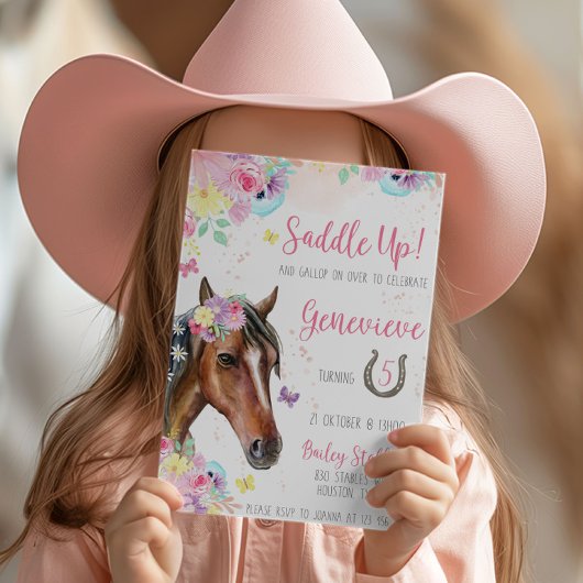 Horse Floral Invitation d'anniversaire pour fille
