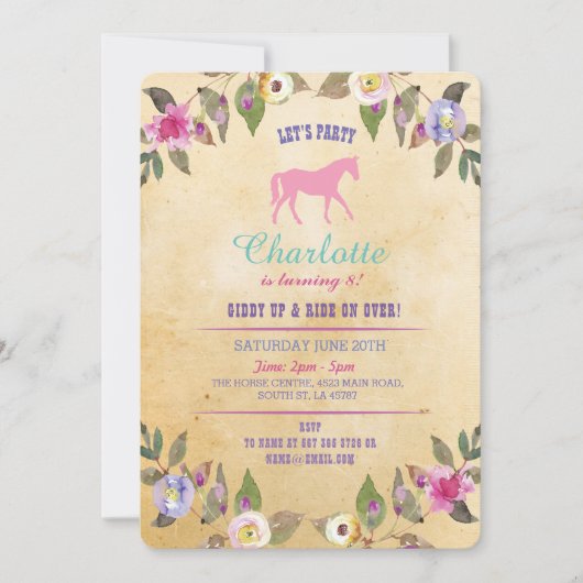 Horse Party Floral Invitation Pony Pink Invitation (Devant)