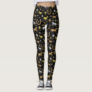 Horse Racing Derby Day Black Gold Pattern Leggings