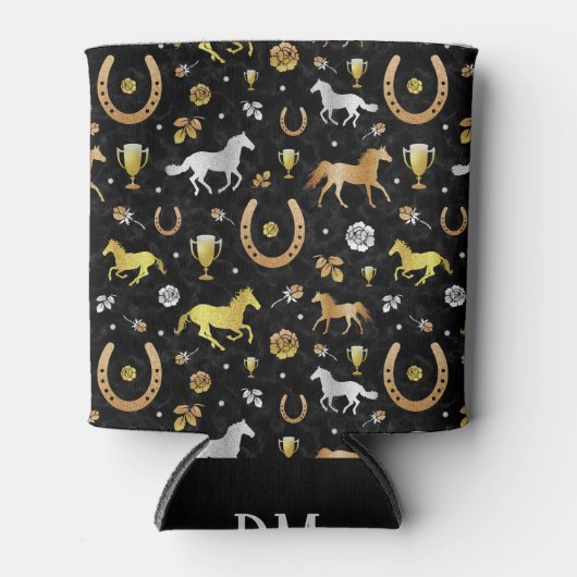 Horse Racing Derby Day Black Gold Pattern Monogram Blikjeskoeler (Voorkant)