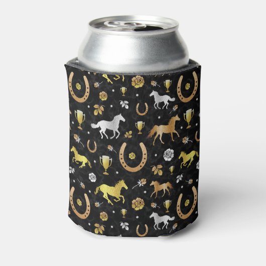 Horse Racing Derby Day Black Gold Pattern Monogram Blikjeskoeler (Blikje Achterkant)