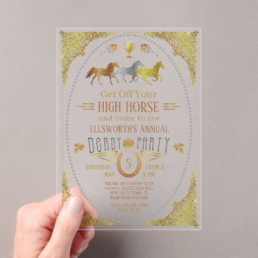 Horse Racing Derby Day Party Art Deco Zilver Goud Acryl Uitnodigingen (Insitu (Draagbaar))
