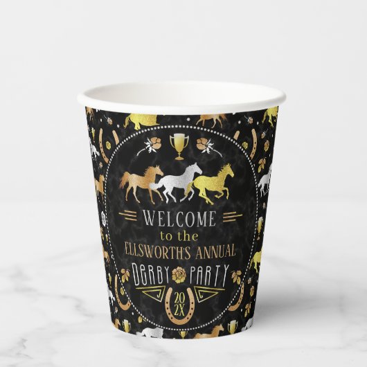 Horse Racing Derby Day Party Zwart Goud Welkom Papieren Bekers (Voorkant)