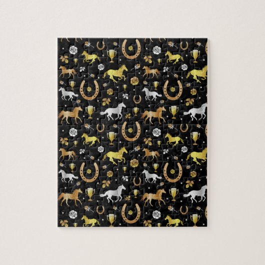 Horse Racing Hoefijzers Derby Pattern Black Gold Legpuzzel (Verticaal)
