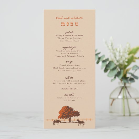 Horse Rail Fence Eiken Paarden Trouwdiner Menu (Staand voorkant)