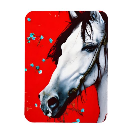 Horse Red Background Blue Flowers Magneet (Verticaal)